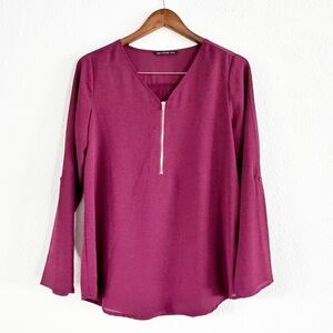 Half Zip Roll Tab Blouse Rioja Wine Zac & Rachel Petite Medium Style GT82LMQP7